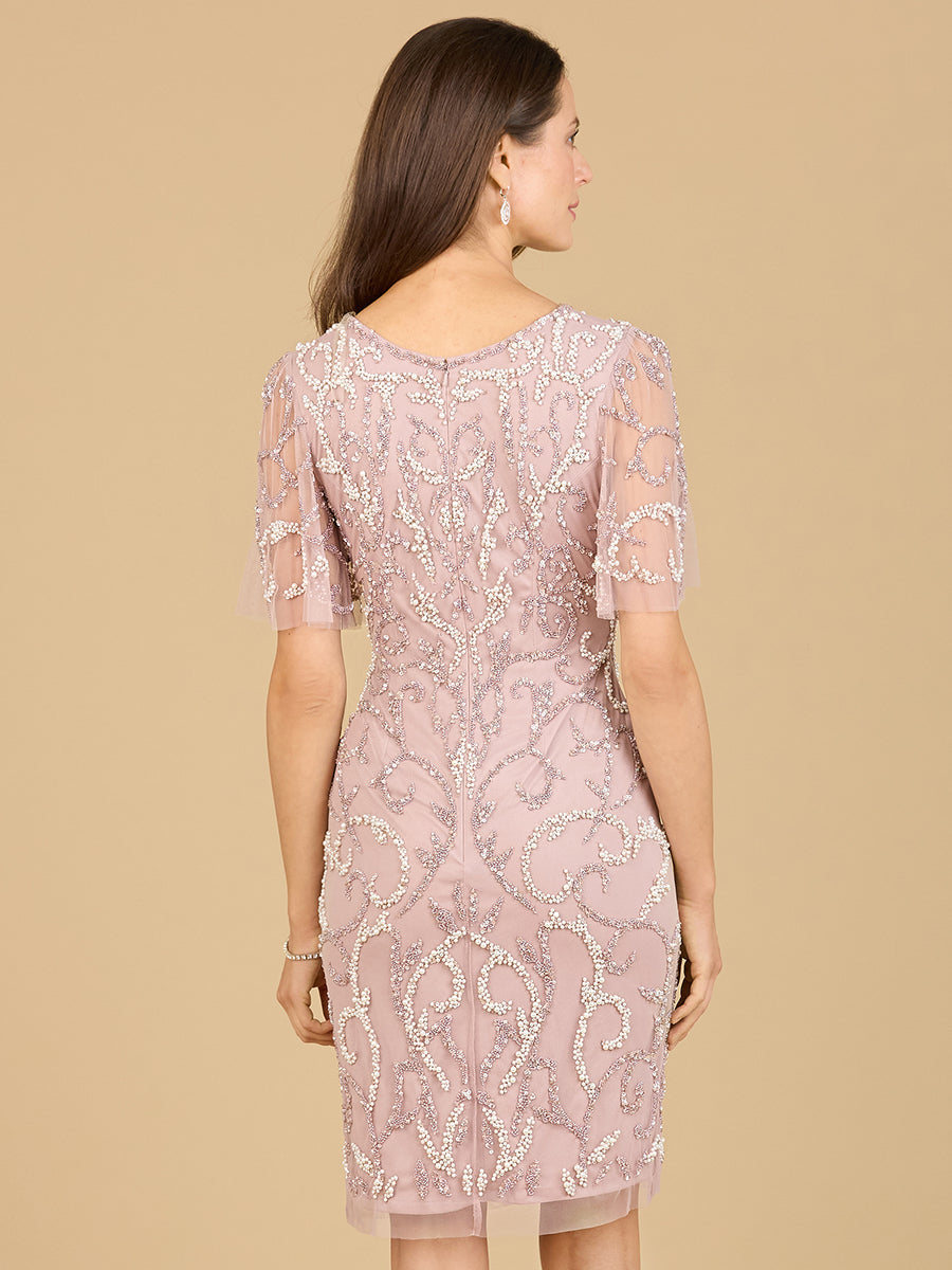 Beaded Short Dress with Cape Sleeves - OUTLET