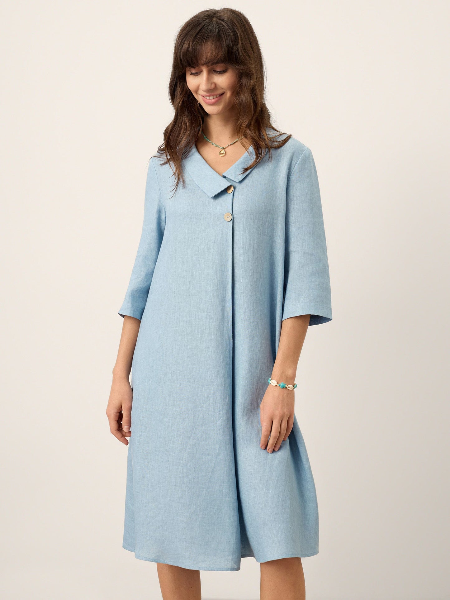 100% Linen Asymmetric Shawl Collar A-Line Midi Dress WINIFRED
