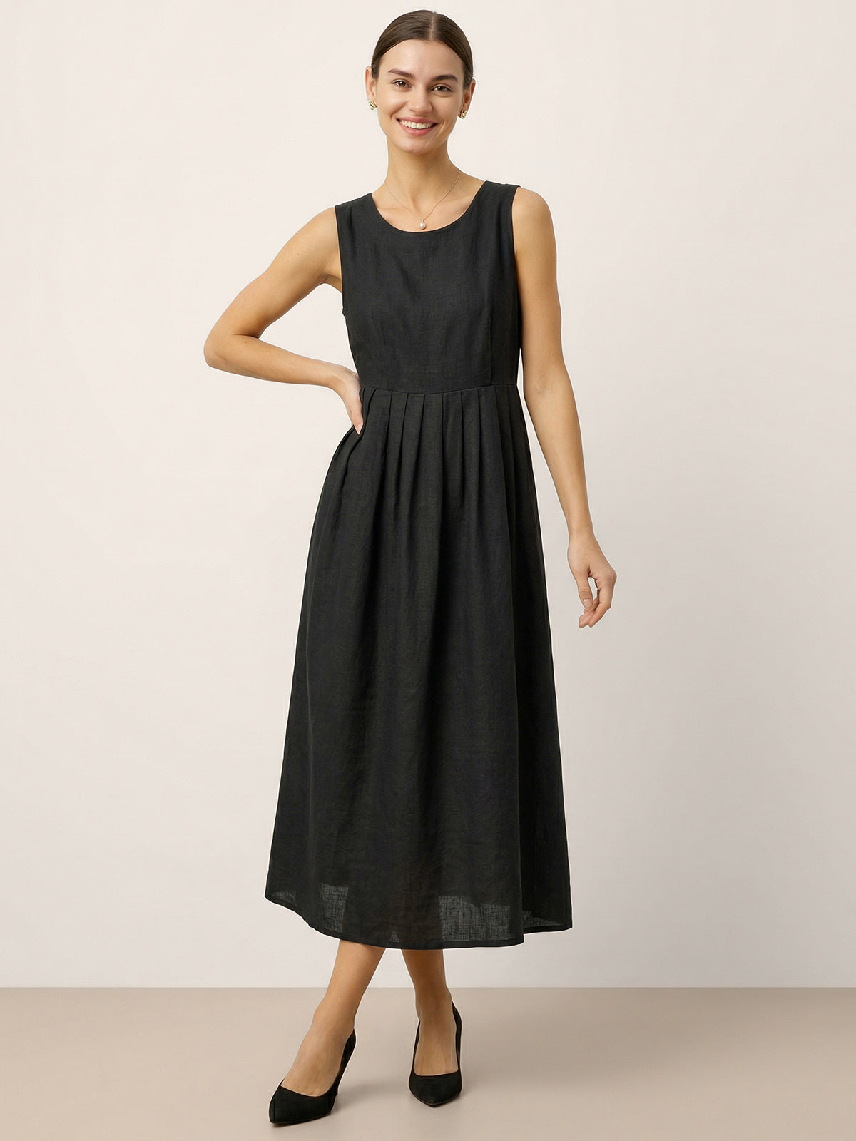 100% Linen Sleeveless Crew Neck Waist Pleated Maxi Dress SELENE