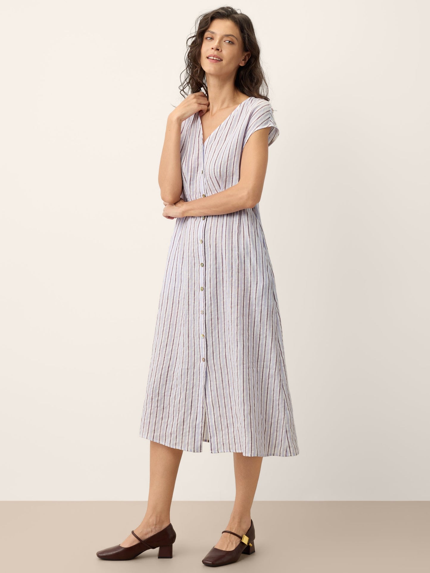 100% Linen Striped Tailored Cap Sleeve Maxi Dress AGNES