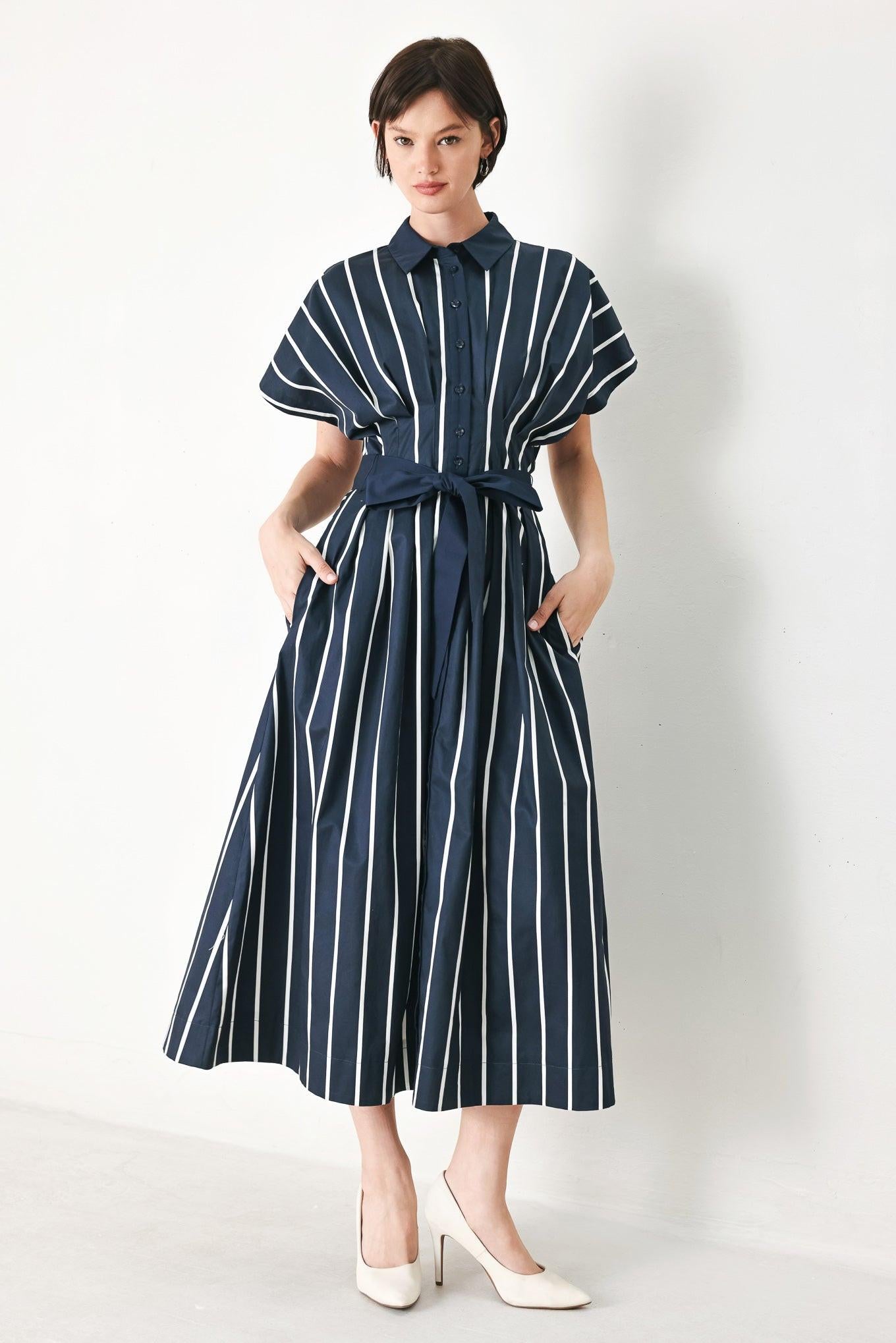 PINSTRIPE STORY WOVEN MIDI DRESS