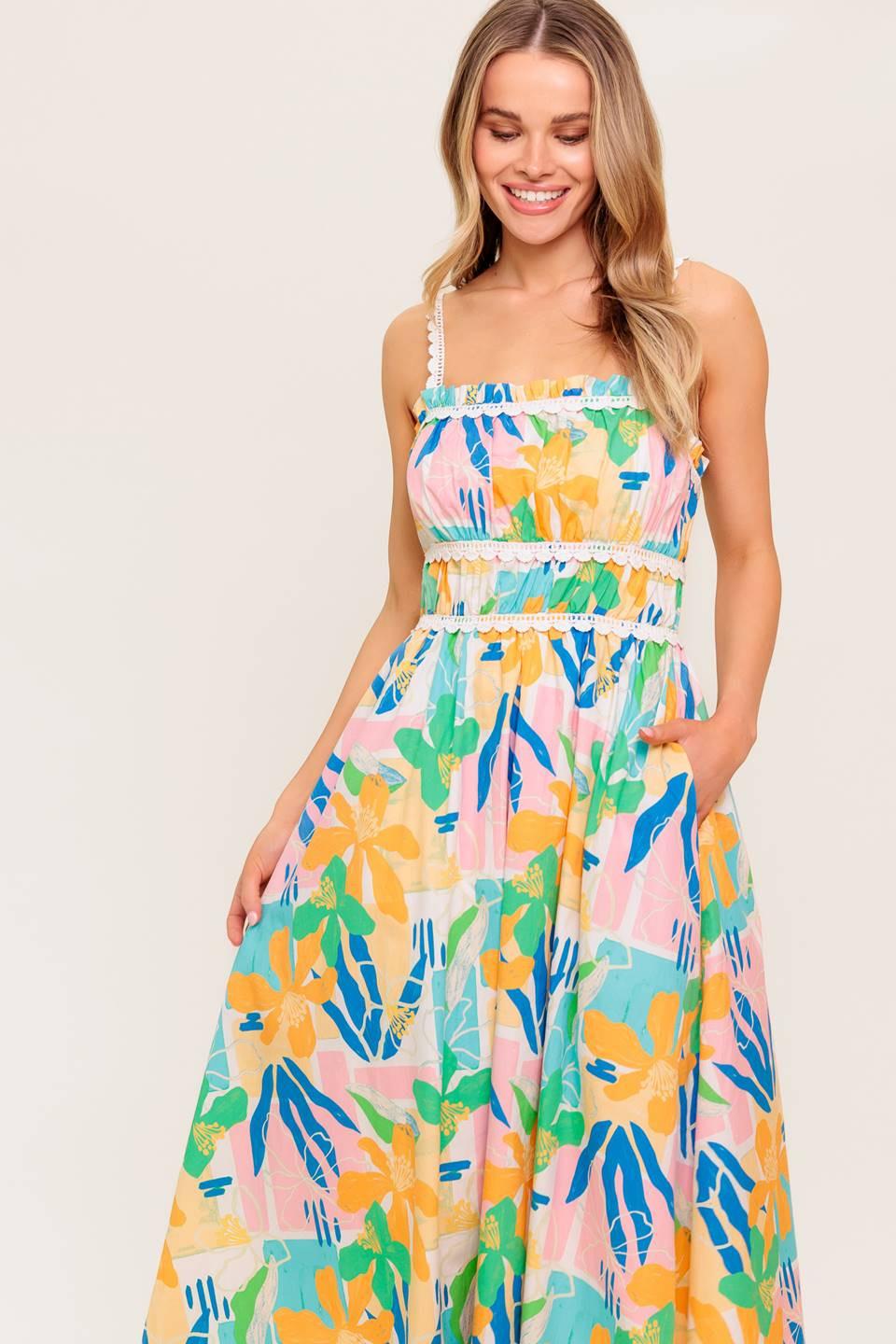 SUNLIT GARDEN PINK BLUE WOVEN MIDI DRESS