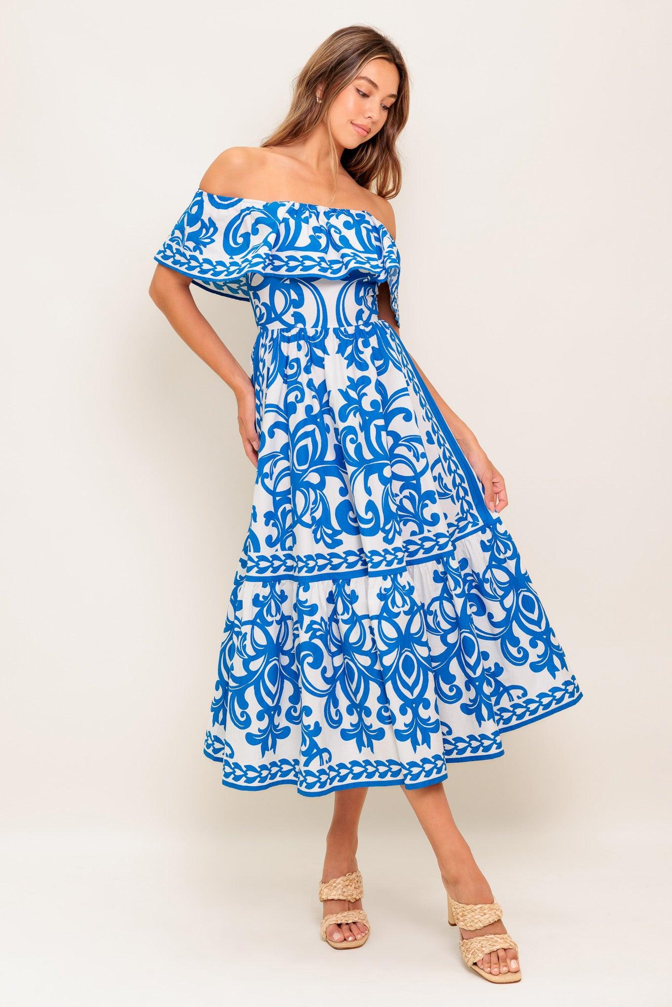 BLOOM SERENADE BLUE WOVEN MIDI DRESS