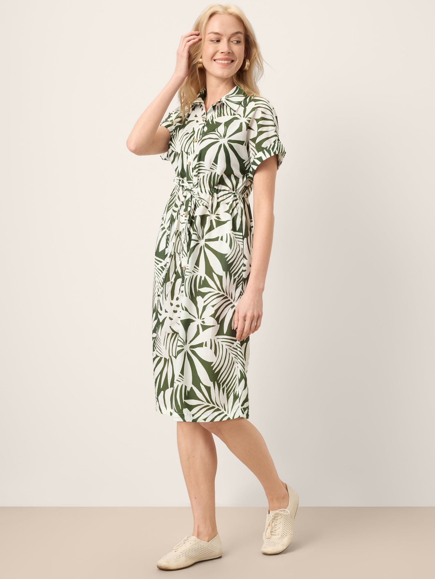 Linen Palm Print Drawstring Waist Cuffed Sleeve Midi Shirt Dress AURELIA