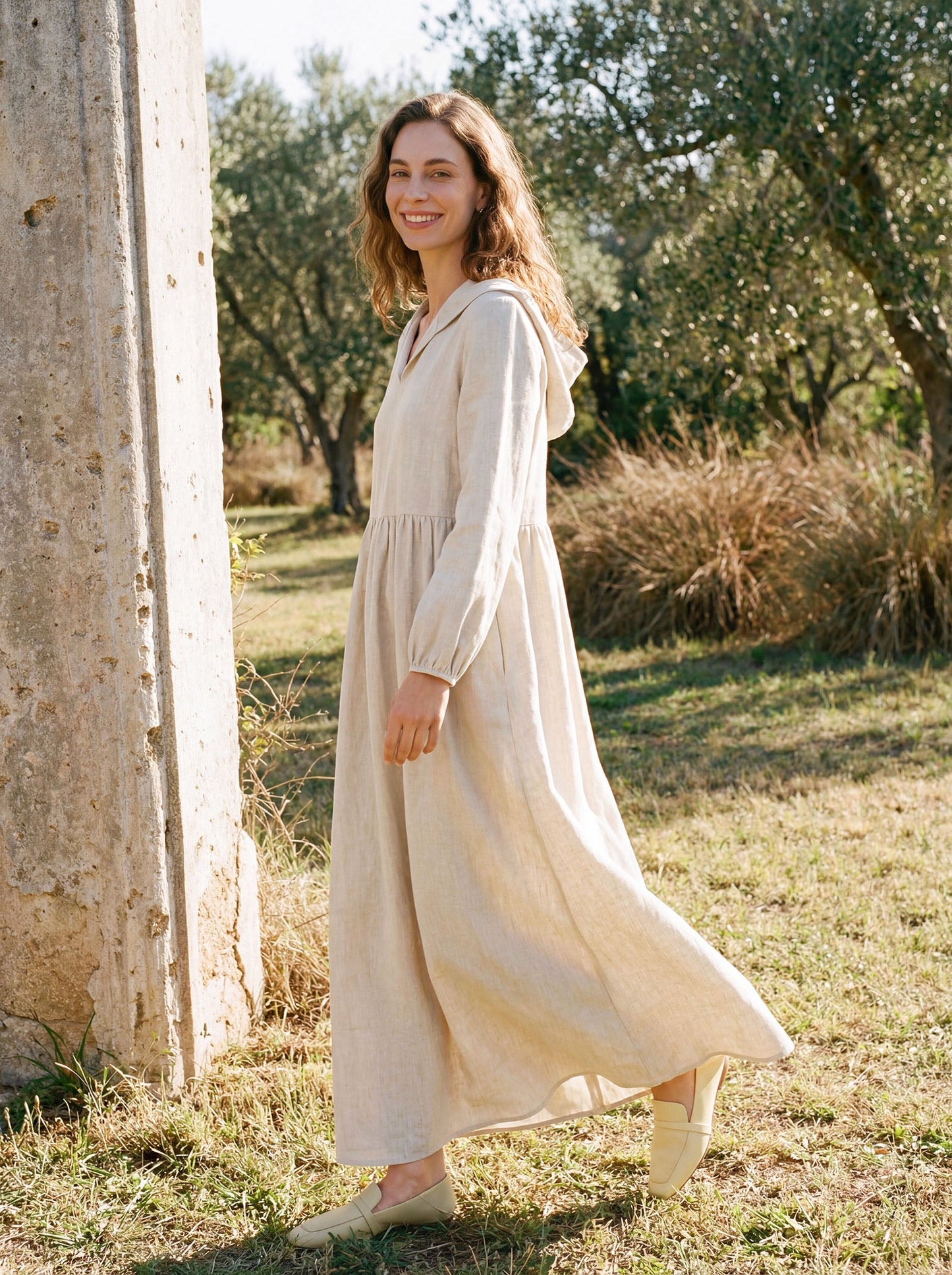 100% Linen Sculpted-Hood Caftan Maxi Dress LINETTE