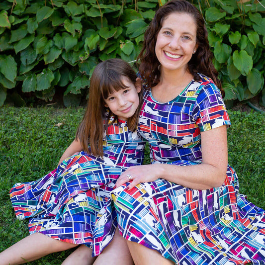 Adult "Check Meowt" Rainbow Books & Cats Super Twirler Dress with Pockets