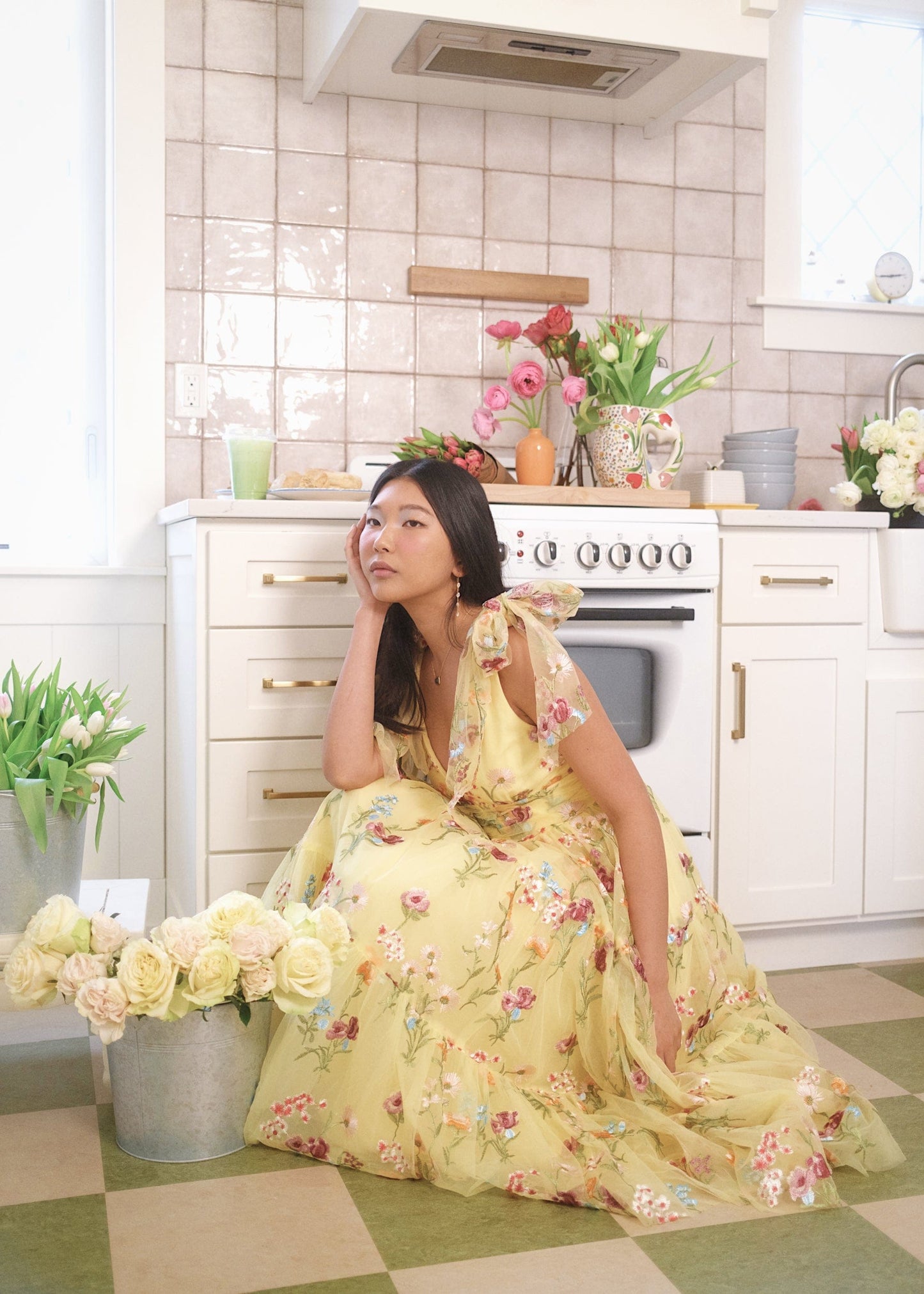 Margaret Floral Embroidered Midi Dress Yellow