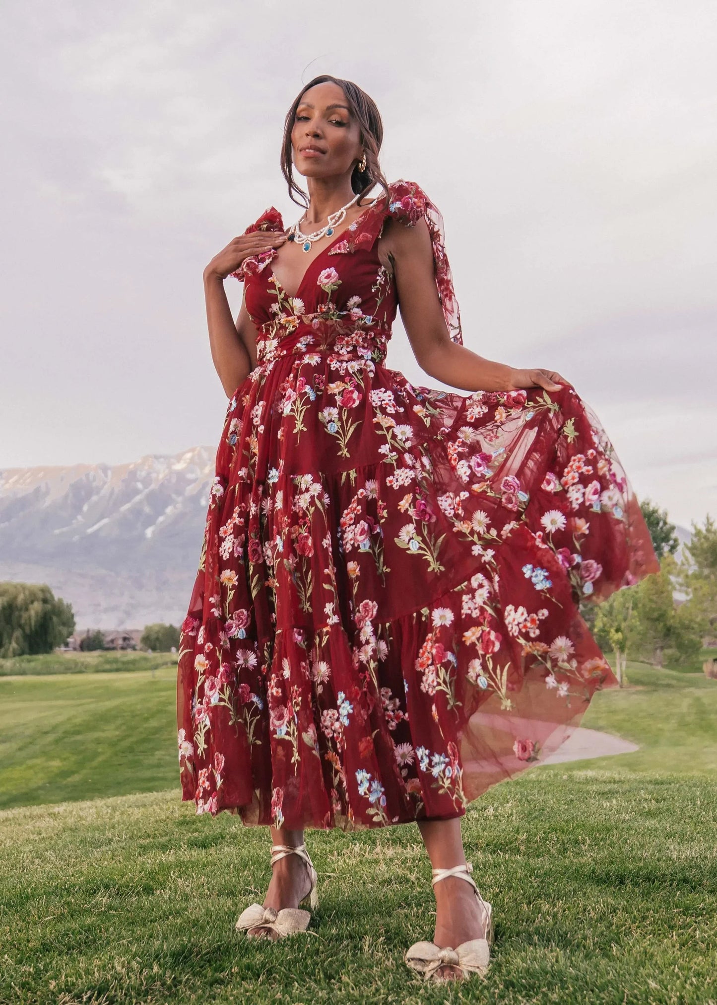 Margaret Floral Midi Dress Red